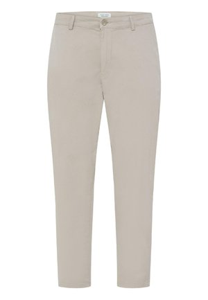 Beežid kitsad chinosid vööaasade, eesmise nööbi, tõmbluku ja kaldus ees taskutega, sobivad vabaaja või piduliku kandmise jaoks.