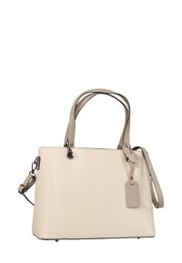 Beige synthetisch leren tote bag met twee handvatten en een afneembare schouderriem. Kenmerkt zich door een subtiele label en een glad, gestructureerd ontwerp.