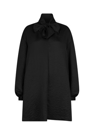 Zwarte oversized blouse met een hoge kraag en een grote strik bij de hals. Bevat een gestructureerde stof en ballonnenmouwen.