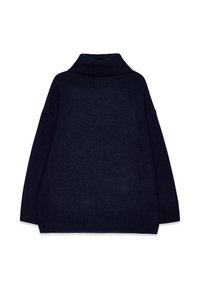 Pull à col roulé bleu marine foncé avec un tricot texturé, doté d'une coupe décontractée et de manches et d'ourlets côtelés. La vue de dos montre le style du col.