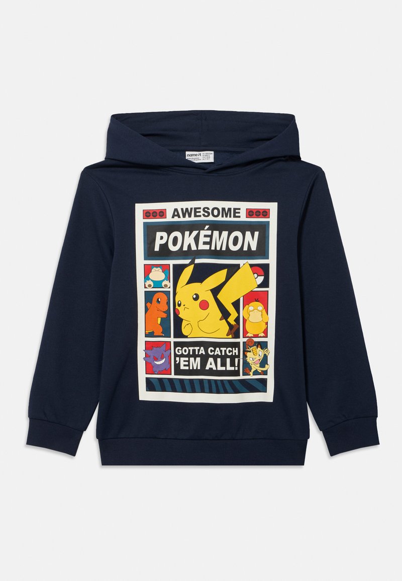 Felpa con cappuccio blu navy con una grafica colorata di Pokémon, che include Pikachu e vari personaggi, con il testo "AWESOME POKÉMON" e "GOTTA CATCH 'EM ALL!"