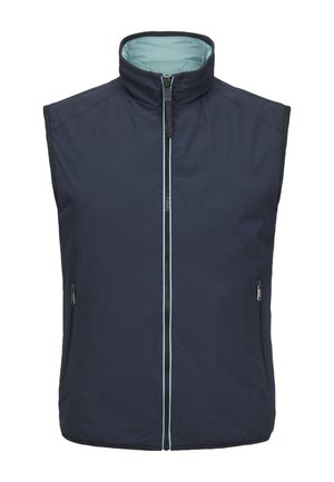 Marineblaues ärmelloses Weste mit helltürkisfarbener Innenfütterung, Vorderreißverschluss, Stehkragen und zwei seitlichen Reißverschlusstaschen.