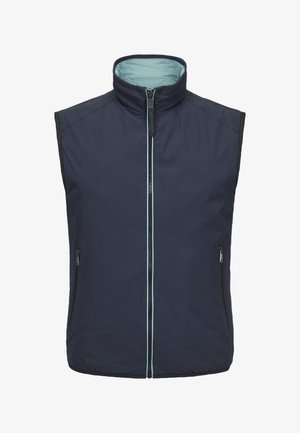 Marineblaues ärmelloses Weste mit helltürkisfarbener Innenfütterung, Vorderreißverschluss, Stehkragen und zwei seitlichen Reißverschlusstaschen.