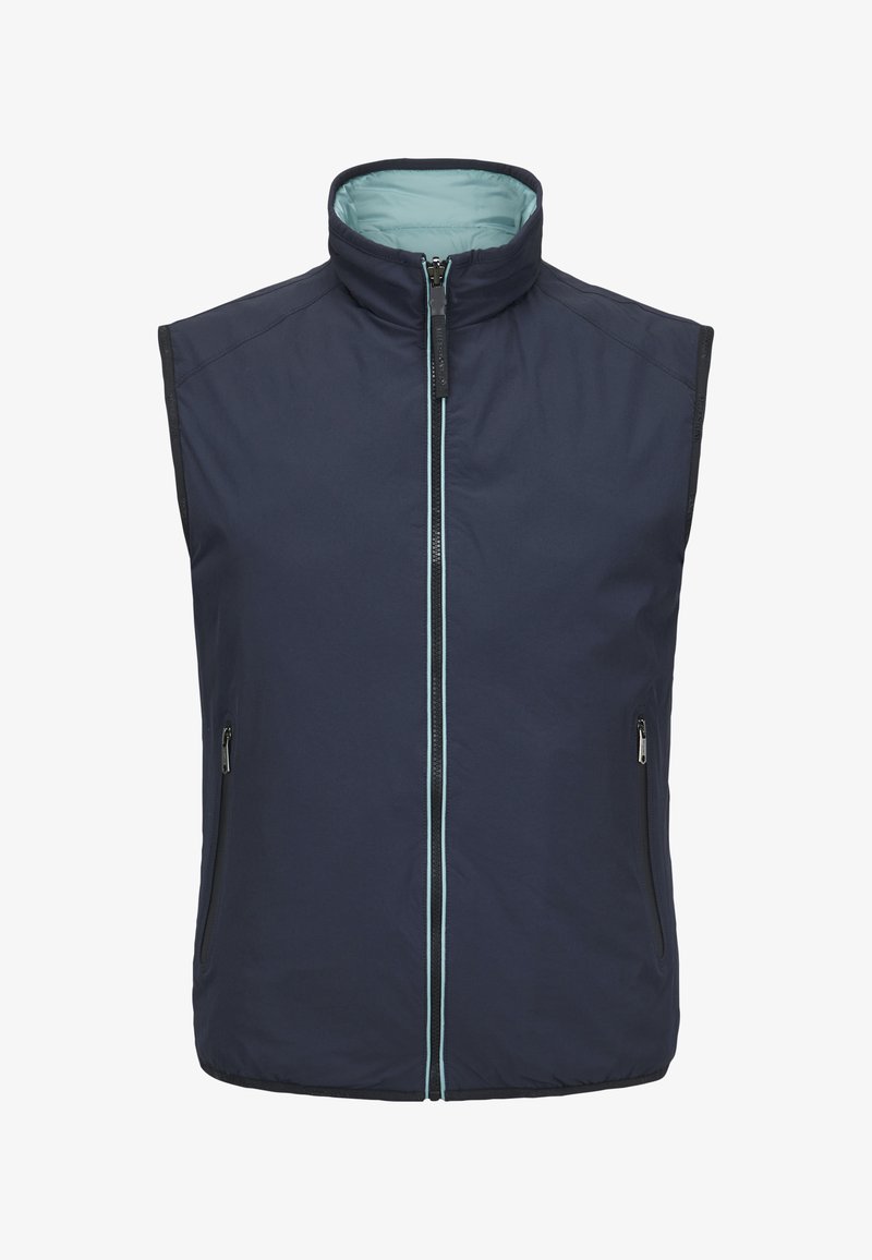 Navy blue sleeveless vest with light teal inner lining, front zipper, stand-up collar, and two zippered side pockets.