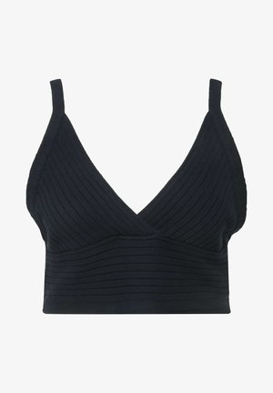 Zwarte geribde crop top met een V-hals, dunne bandjes en een aansluitend ontwerp. Kenmerkt zich door een gestructureerde stof en een minimalistische vorm.