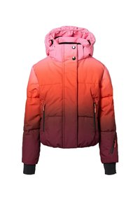 Giacca puffa con una gradazione di colore che va dal rosa al rosso. Presenta un cappuccio, due tasche laterali con zip e polsini elasticizzati. Realizzata in materiale testurizzato e isolante.