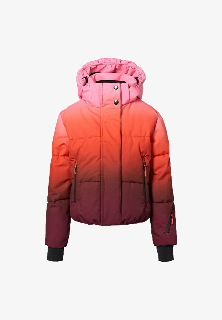 Giacca puffa con una gradazione di colore che va dal rosa al rosso. Presenta un cappuccio, due tasche laterali con zip e polsini elasticizzati. Realizzata in materiale testurizzato e isolante.