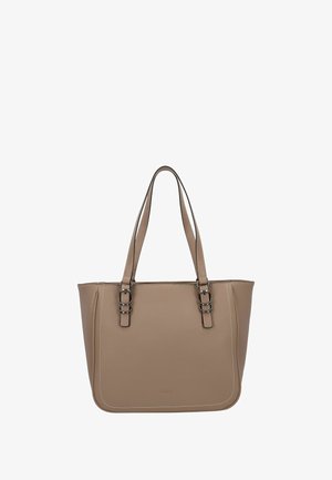 Sac tote en cuir beige avec double anses, quincaillerie en ton argent et surpiqure blanche. Forme rectangulaire avec texture lisse. Pas de logo visible.
