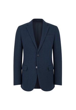 Granatowa stukturalna marynarka wykonana z teksturowanej tkaniny, z klapami w szpic, dwoma przednimi kieszeniami i zapięciem na dwa guziki.