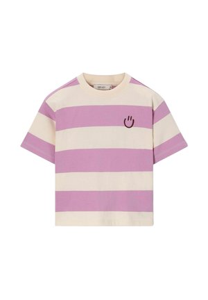 T-shirt en coton à manches courtes avec larges rayures horizontales lavande et crème et un petit visage souriant sombre sur le côté gauche de la poitrine.
