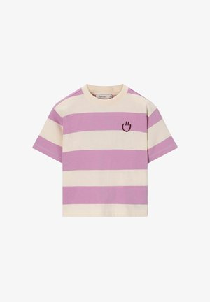 T-shirt en coton à manches courtes avec larges rayures horizontales lavande et crème et un petit visage souriant sombre sur le côté gauche de la poitrine.
