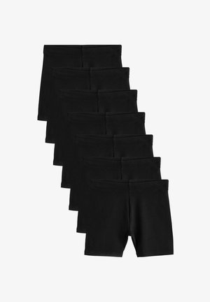 Mustadest puuvillast lühikesed püksid, millel on kehaalaselt sobiv disain ja elastne vöökoht, paigutatud kaheksakaupa kuhjadesse. Sile tekstuur ja ei mingeid nähtavaid mustreid.