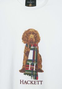 Camiseta blanca de algodón con una ilustración de un perro marrón que lleva una bufanda de cuadros. El diseño incluye el texto "HACKETT" debajo de la gráfica.