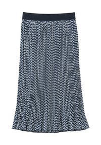 Gonna plissettata blu navy con motivo zigzag bianco e una vita elastica solidale di un blu navy scuro.