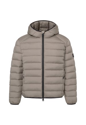 Giacca con cappuccio imbottita grigio chiaro con cerniera nera e polsini elasticizzati, tasche frontali e dettagli trapuntati orizzontali.