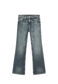 Tmavě modré džíny z denimu s rozšířenými nohavicemi, pětiprvkovým designem kapes, mírným vyblednutím a zapínáním na zip. Hladká textura a rovný střih nohavic.