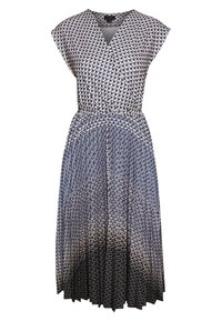 Ärmlös V-ringad klänning med åtsittande midja och utställd kjol, som har ett gradient scallop-mönster i nyanser av blått och svart.
