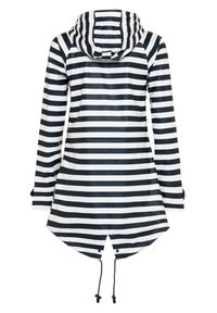 Striped raincoat with a hood, featuring black and white horizontal stripes, a cinched waist, side slits, and drawstrings at the hem.