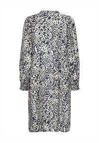 Navyblaues Leinenkleid mit aufwendigem cremefarbenem abstraktem Muster, langen Puffärmeln mit elastischen Bündchen und einem runden Ausschnitt.