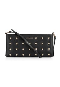 Black leather clutch with gold studs evenly spaced across the front. Features an adjustable strap and a gold logo detail. Rectangular shape.