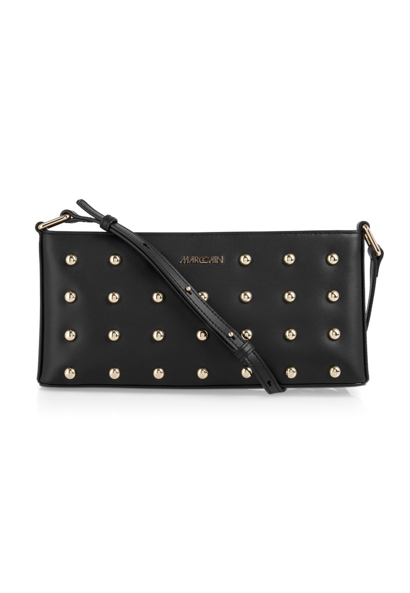 Black leather clutch with gold studs evenly spaced across the front. Features an adjustable strap and a gold logo detail. Rectangular shape.