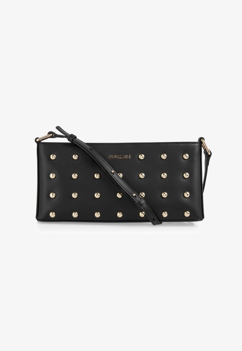 Black leather clutch with gold studs evenly spaced across the front. Features an adjustable strap and a gold logo detail. Rectangular shape.