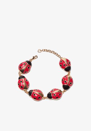 Zlatna verižica z zapestnico s šestimi čarobniki v obliki pikapolonice v rdeči in črni barvi, vsak s črnimi madeži in zaponko za zapiranje.