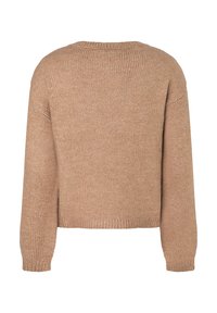 Beige gebreide trui met lange mouwen, ronde halslijn en geribbelde onderkant. Zachte textuur, cropped ontwerp met zijsplitten nabij de onderkant.