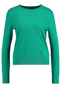 Grön långärmad tröja med rund halsringning, tillverkad av mjukt, lätt tyg, med ribbade ärmslut och nederkant.