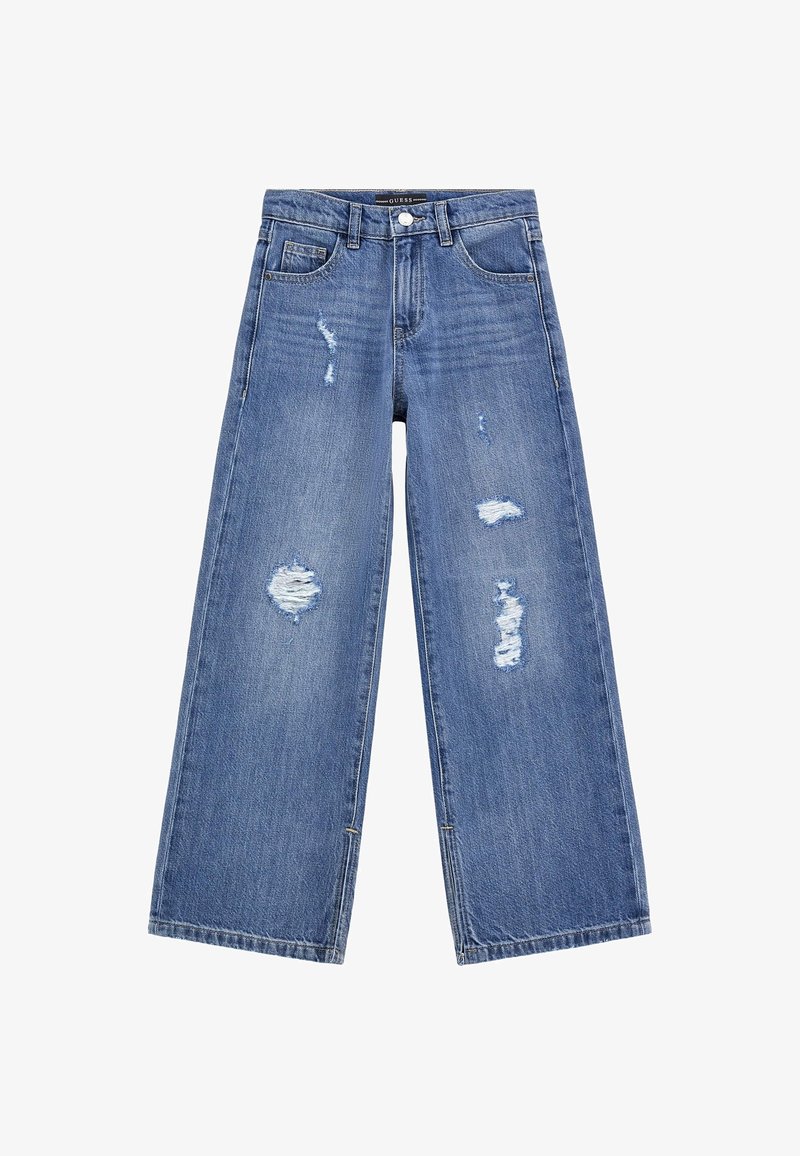 Jean bleu à jambes larges avec des zones usées sur les cuisses avant et les jambes supérieures, doté de cinq poches et de passants pour ceinture.