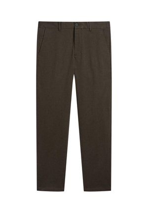 Dark brown trousers made of cotton fabric, featuring a flat front, two side pockets, and a button closure. Slim, straight-cut design.