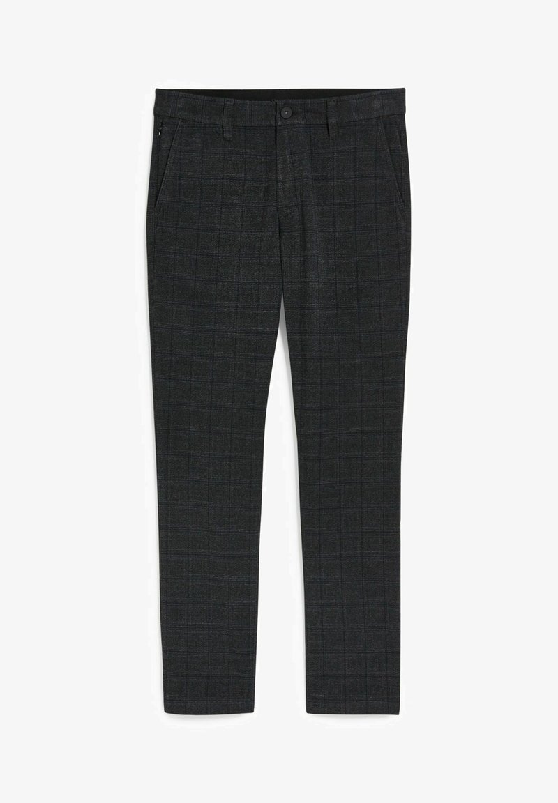Pantalon homme gris foncé avec un motif à carreaux discret, fermeture devant par bouton et zip, et poches latérales, présenté à plat sur fond blanc.
