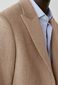 Beige wollen blazer met een geknipte revers, over een lichtblauw gestreept overhemd met kraag. Zachte textuur en strakke lijnen.