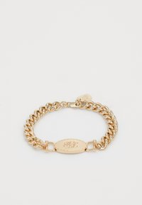 Zelta metāla ķēdes aproce ar ovālu piekariņu, uz kura ir iegravēti burti. Aprocei ir gludas saites un āķa aizdare.