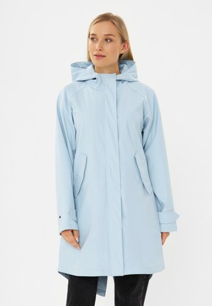 Light blue waterproof parka with a hood, side pockets, and buttoned cuffs. Features a smooth texture and a straight cut design.