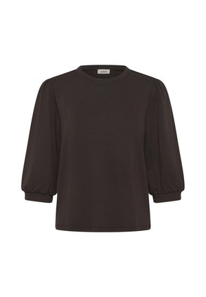 Blouse marron foncé à encolure ronde et manches ballon trois-quarts resserrées aux poignets, présentée sur un fond blanc.