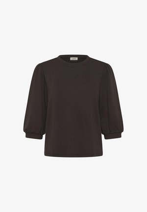 Blouse marron foncé à encolure ronde et manches ballon trois-quarts resserrées aux poignets, présentée sur un fond blanc.