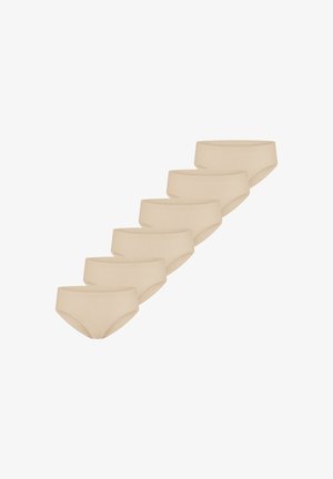 Seks beige hipster-style dameunderbukser arrangeret diagonalt på en hvid baggrund.
