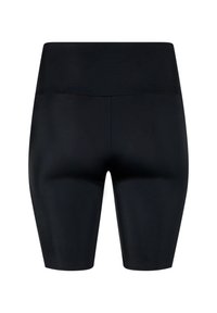 Pantaloncini da ciclismo neri a vita alta realizzati in tessuto liscio ed elastico. Presentano un design senza cuciture e una lunghezza a metà coscia per garantire comfort e libertà di movimento.