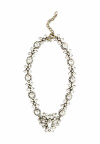 Ein Strass-Halsband mit floralem Design, aus silberfarbenem Metall, ovalen und markisenförmigen Steinen, mit einer verbundenen Kette und einem Hakenverschluss.