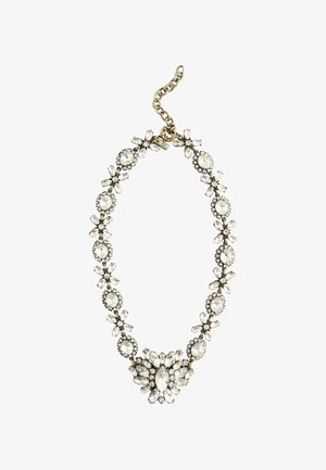 Rhinestone kaklarota, kas iezīmē ziedu dizainu, sudraba tonī, ar ovālām un marķīza formas akmeņiem, ar savienotu ķēdi un aizdari.