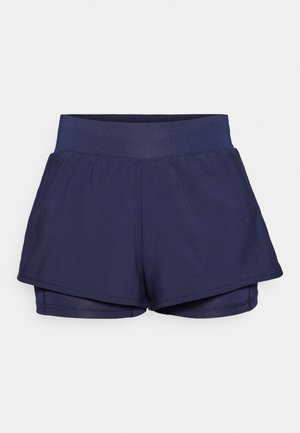 Navy athletic shorts featuring a high waistband, layered design, and a smooth texture. The inner lining is fitted for added comfort.