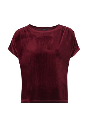 Bordeaux fluwelen cropped top met korte mouwen en een ronde halslijn, met een zachte textuur en een licht glanzend oppervlak.