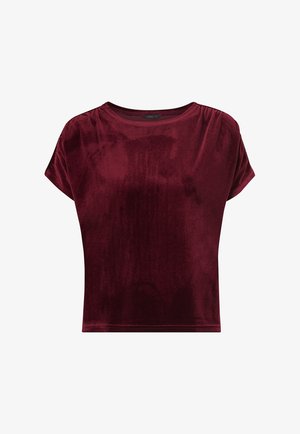 Bordeauxvelour cropped top med korte ærmer og rund halsudskæring, med en glat tekstur og en let skinnende overflade.