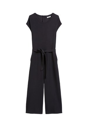 Zwarte geribbelde jumpsuit met korte mouwen, wijde pijpen en een stoffen ceintuur gestrikt in de taille