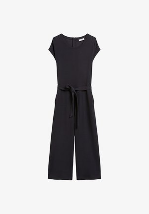 Zwarte geribbelde jumpsuit met korte mouwen, wijde pijpen en een stoffen ceintuur gestrikt in de taille