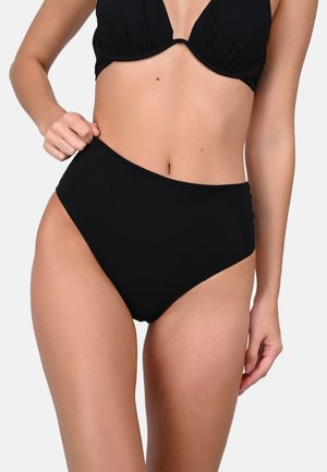 Čierne bikiny s vysokým pásom vyrobené z hladkej tkaniny, s jednofarebným, bezšvovým dizajnom a miernym prekrytím.