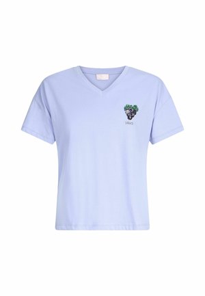 T-shirt di cotone azzurro chiaro con scollo a V e maniche corte. Presenta un piccolo design di uva multicolore nella parte sinistra del petto.