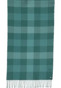 Sciarpa a quadri verde realizzata in morbido tessuto, con diverse tonalità di teal e orlo frangiato, caratterizzata da un delicato motivo a check.