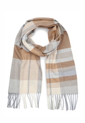 Beige and gray plaid scarf made of soft fabric with tassels; features alternating stripes in light shades and earthy tones.